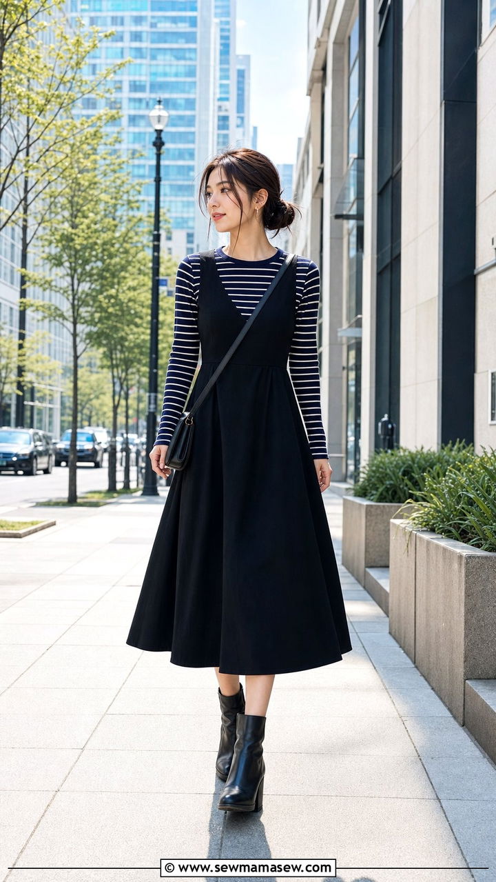 Black A Line Dress With Striped Tee and Ankle Boots - 25 spring little black dress outfit ideas