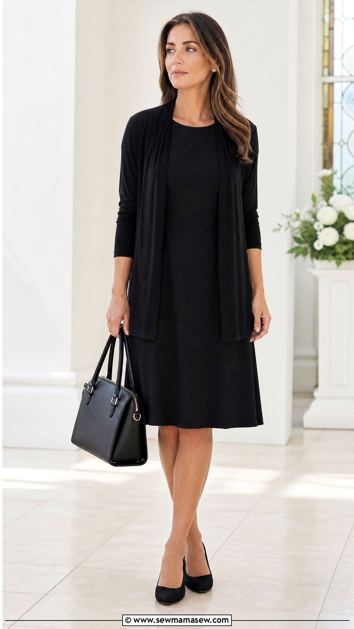Black A Line Knee Length Dress With Cardigan - 25 Funeral outfits for summer