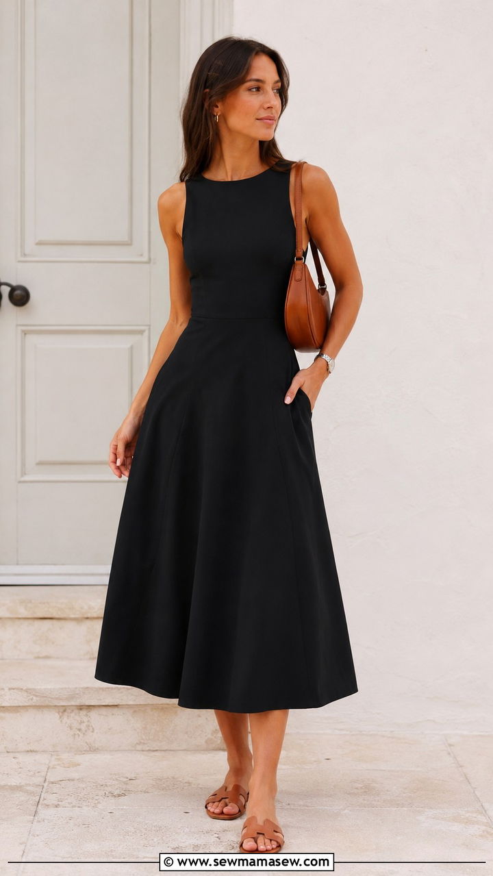 Black A Line Midi Dress and Flat Sandals - 30 Minimalist outfit ideas summer 2026