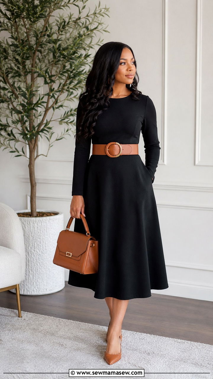 Black A Line Midi Dress with Statement Belt - 30 spring outfits for modest women