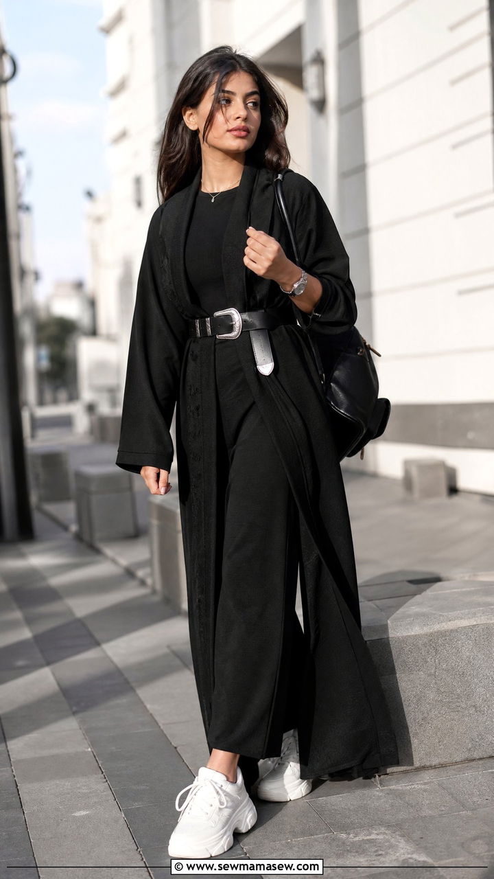 Black Abaya with Statement Belt and Sneakers - 30 Eid outfit ideas for teens