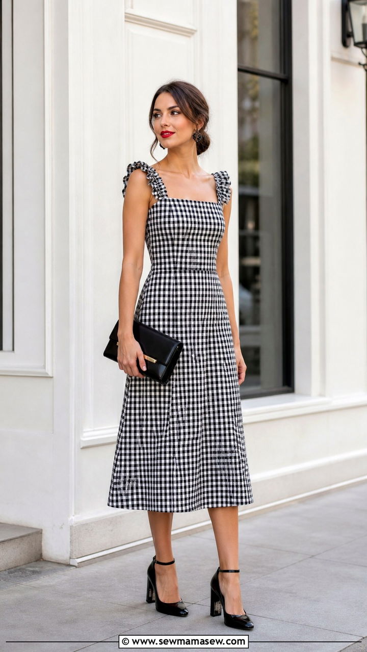 Black And White Checked Midi Dress Wedding Guest - 40 classy wedding guest outfit ideas