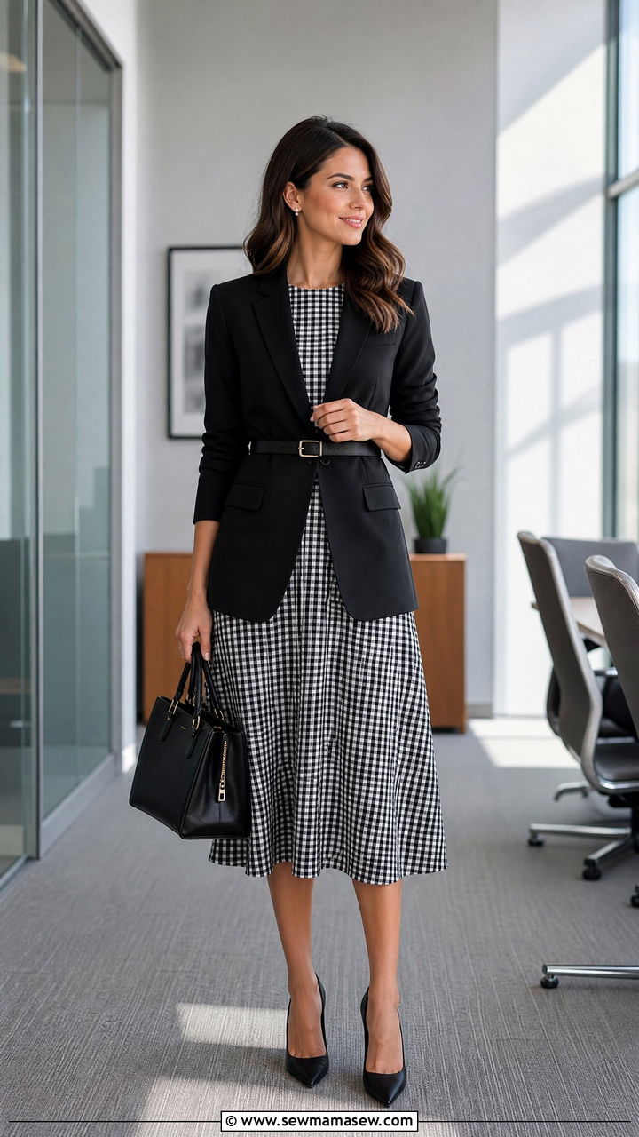 Black And White Gingham Midi Dress With Belted Blazer - 30 Gingham dress outfit ideas