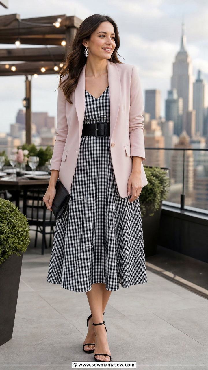 Black And White Gingham Midi Dress With Blush Blazer - 30 Gingham dress outfit ideas