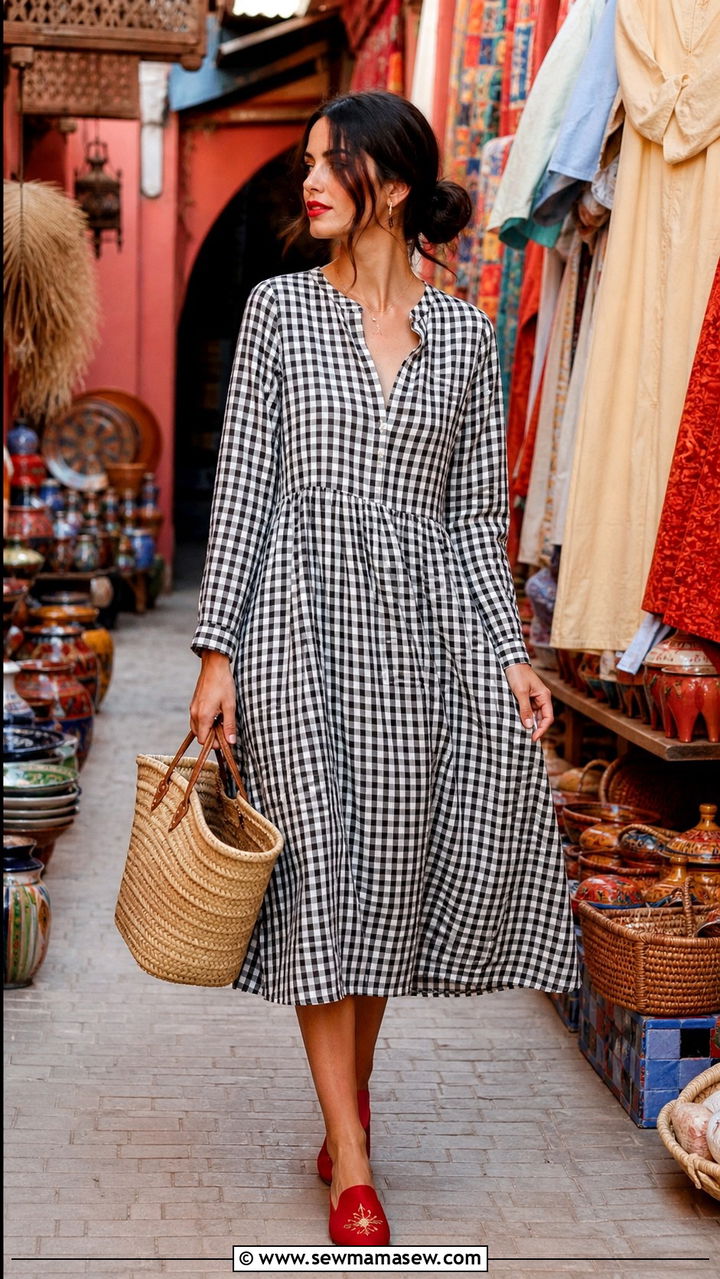 Black And White Gingham Midi Dress With Red Babouche Slippers - 40 Marrakech outfit ideas