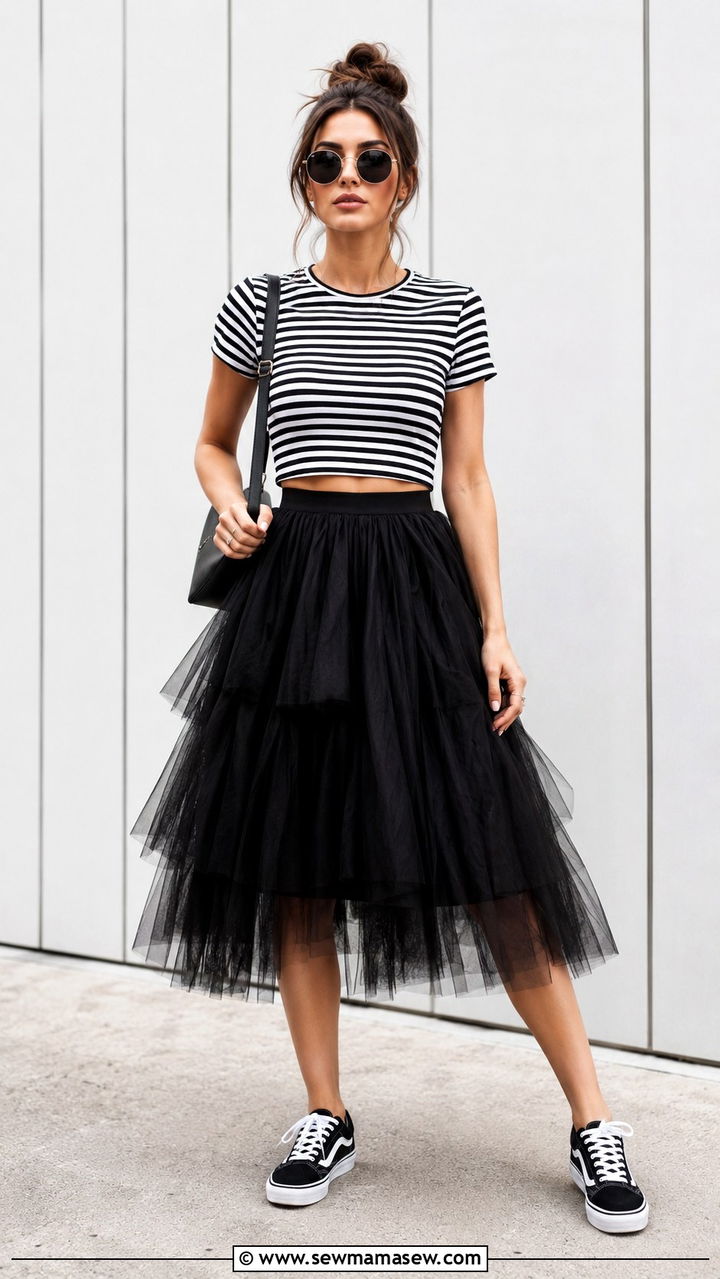 Black And White Tulle Skirt With Striped Crop Top And Sneakers - 25 Tulle skirt outfit ideas with sneakers