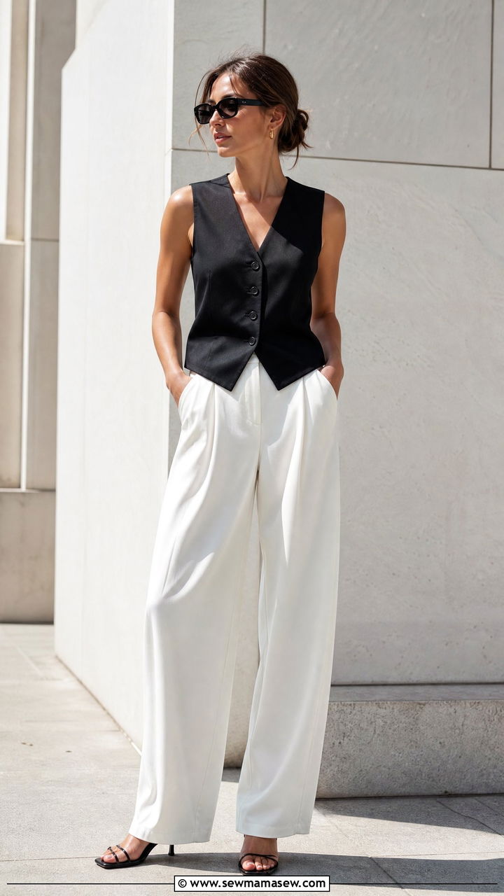 Black And White Vest With Wide Leg Trousers - 25 cute fashion inspo outfits