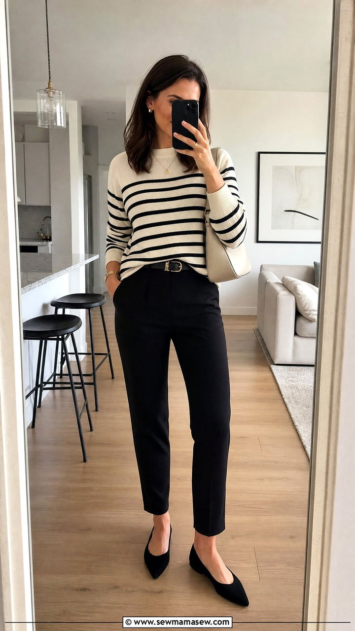 Black Ankle Pants And Striped Knit Top - 35 Minimalist outfit ideas for work