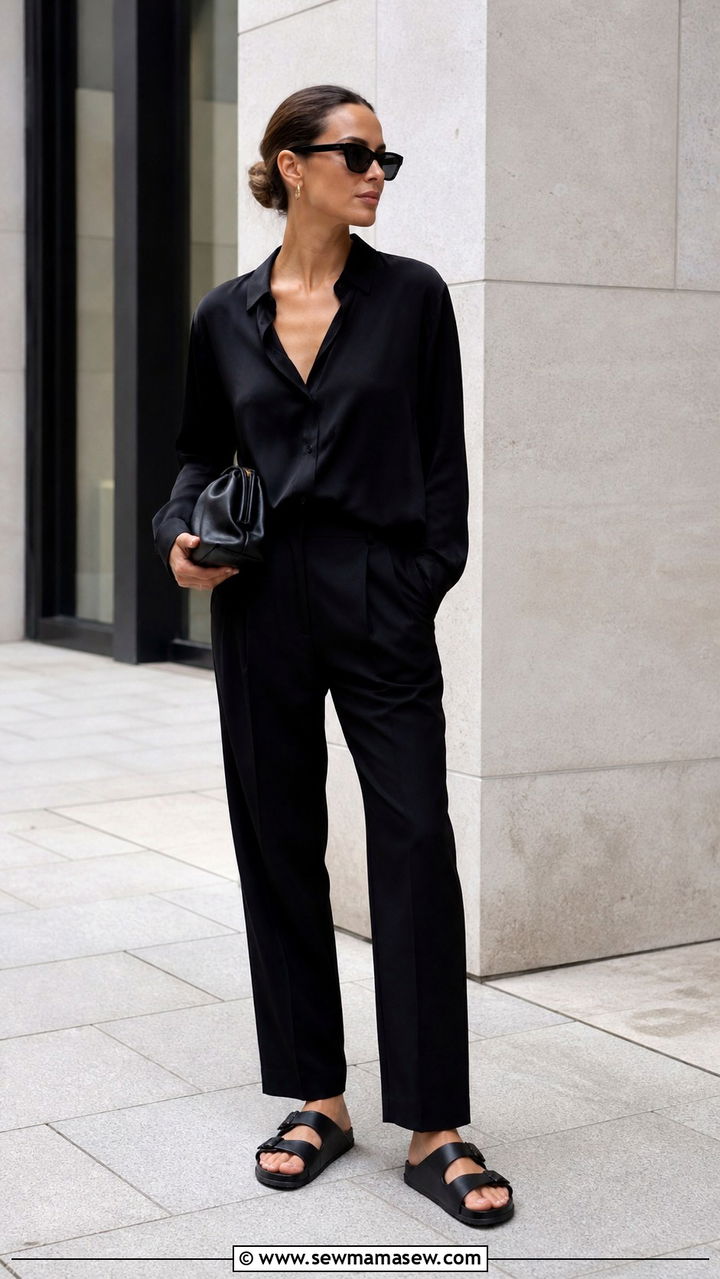 Black Arizona sandals with all black monochrome ensemble - 40 Birkenstocks outfit ideas
