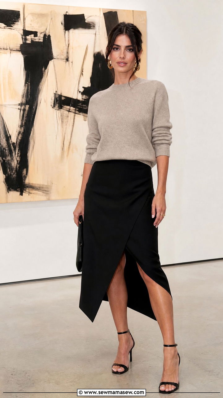 Black Asymmetric Midi Skirt With A Fitted Cashmere Sweater - 30 Marketer outfit ideas