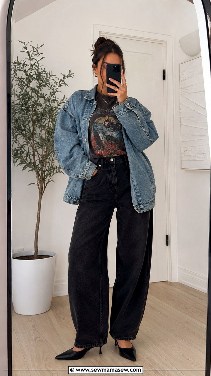 Black Baggy Jeans With Kitten Heels and Graphic Tee - 25 Black jeans outfit ideas with heels