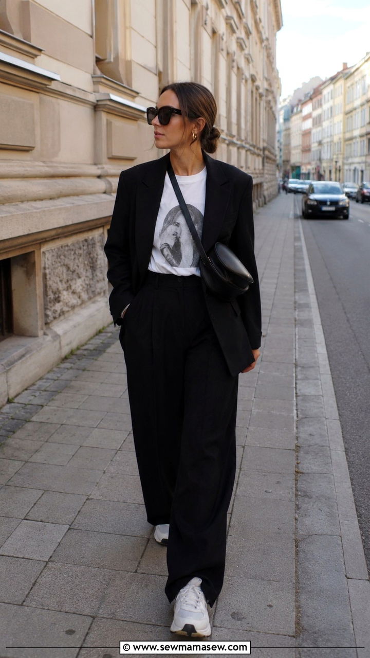 Black Baggy Suit With Graphic Tee And Chunky Sneakers - 20 Baggy suit outfit ideas 2026