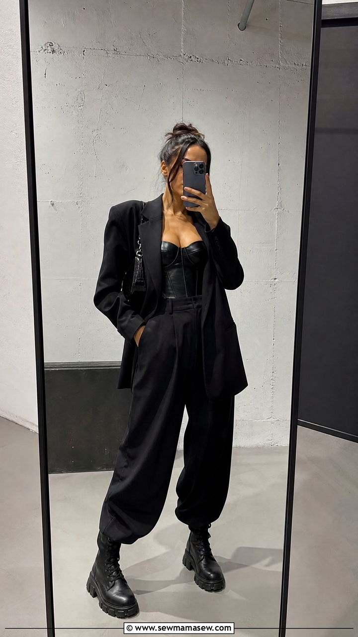 Black Baggy Suit With Leather Bustier And Combat Boots - 20 Baggy suit outfit ideas 2026