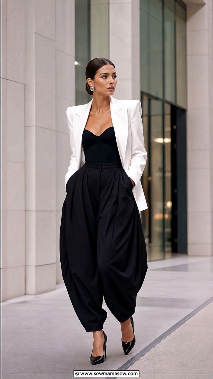 Black Balloon Pants With Structured White Blazer And Heels - 30 cute balloon pants outfits