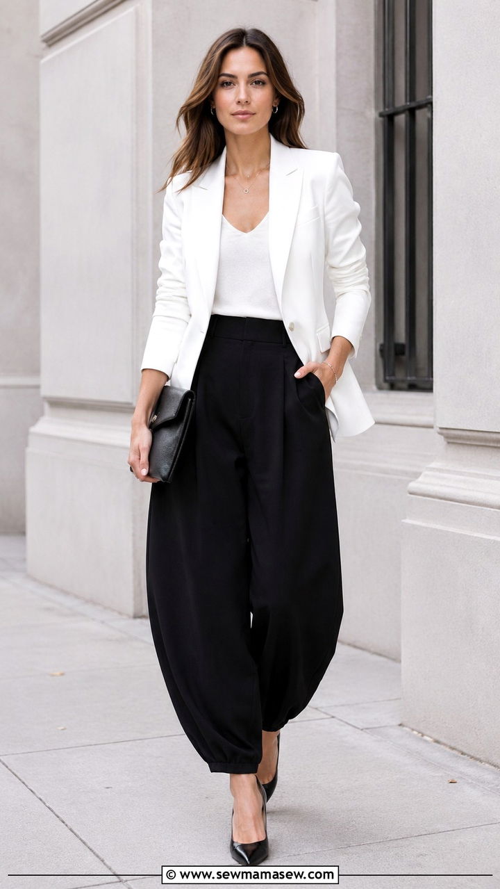 Black Balloon Pants With White Blazer - 25 balloon pants outfits inspo