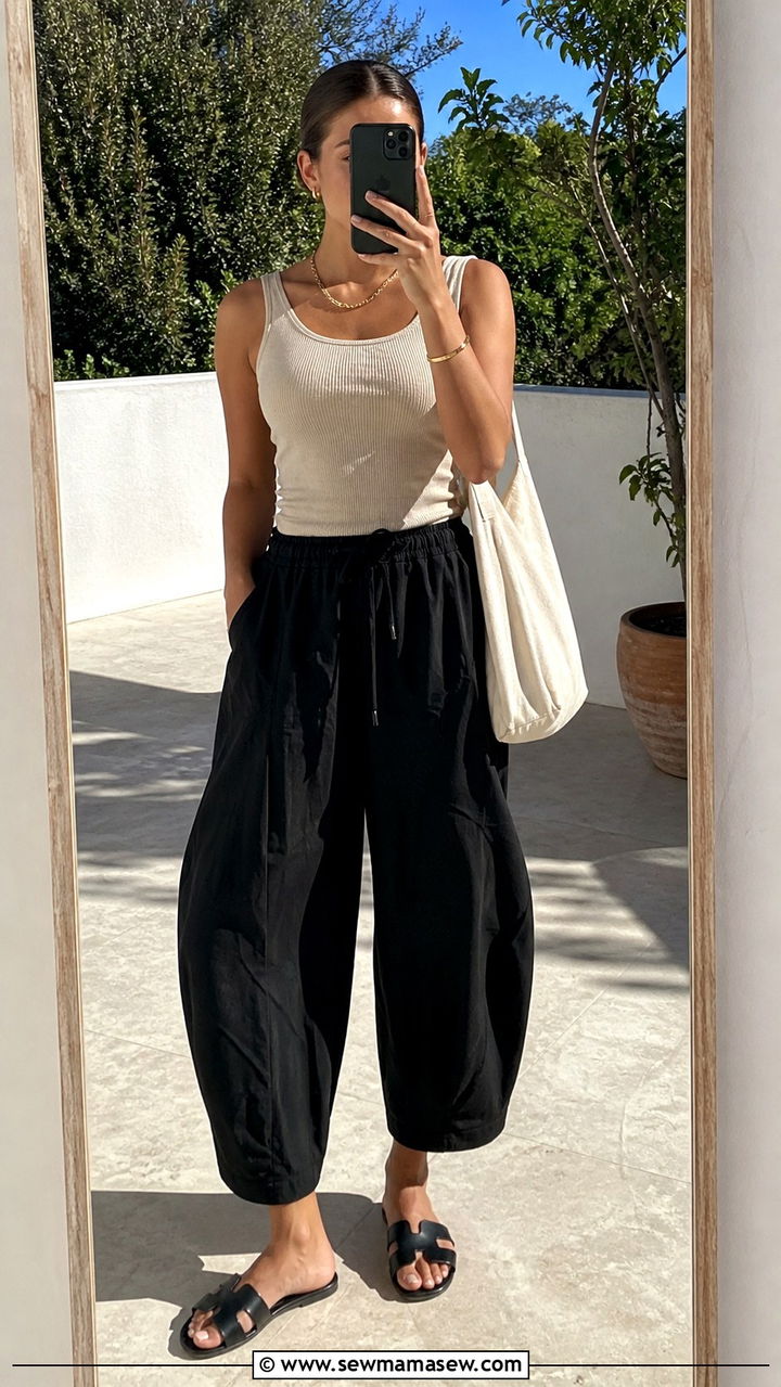 Black Balloon Pants with Ribbed Tank and Flat Sandals - 20 casual balloon pants outfits