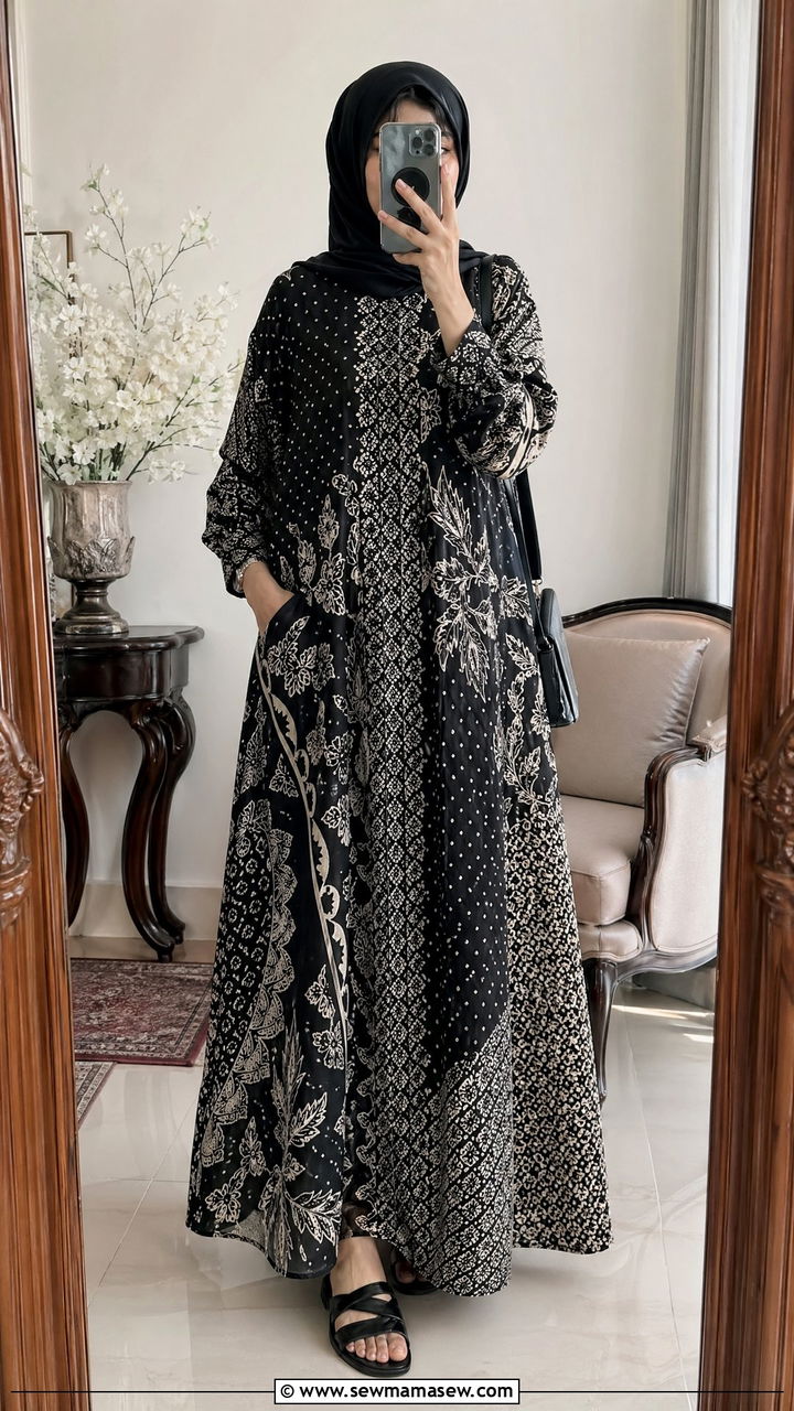 Black Batik Maxi Dress with Modern Cut - 35 Eid outfit ideas for moms