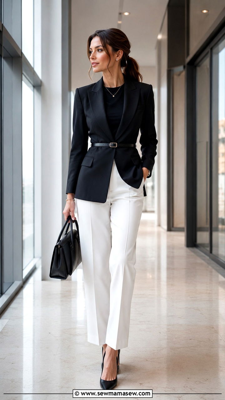 Black Belted Blazer With White Trousers - 20 Banker outfit ideas