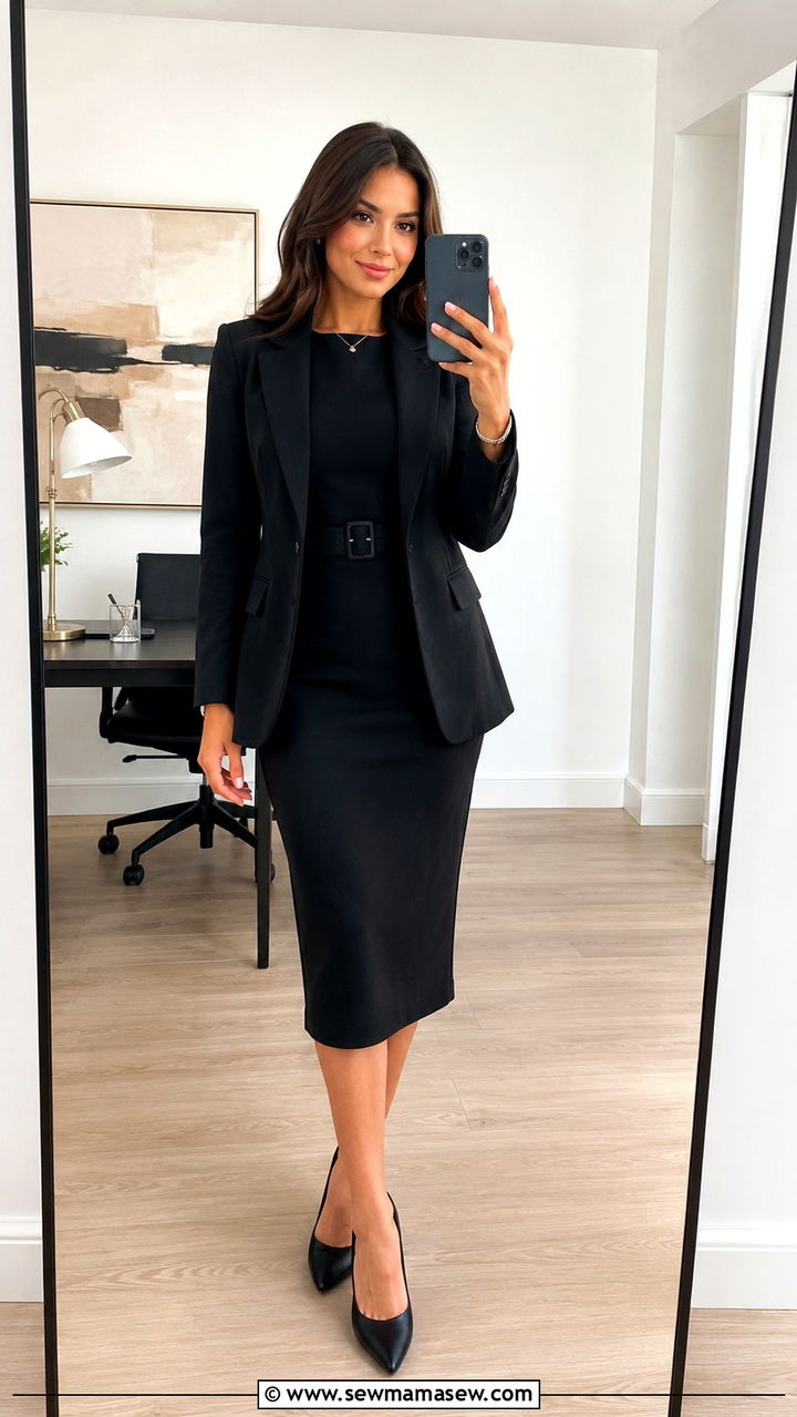 Black Belted Sheath Midi Dress With Blazer and Pumps - 30 Midi dress for work outfit ideas