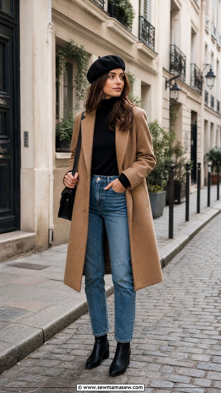 Black Beret with Camel Coat and Straight Leg Jeans - 25 French girl outfit ideas with beret
