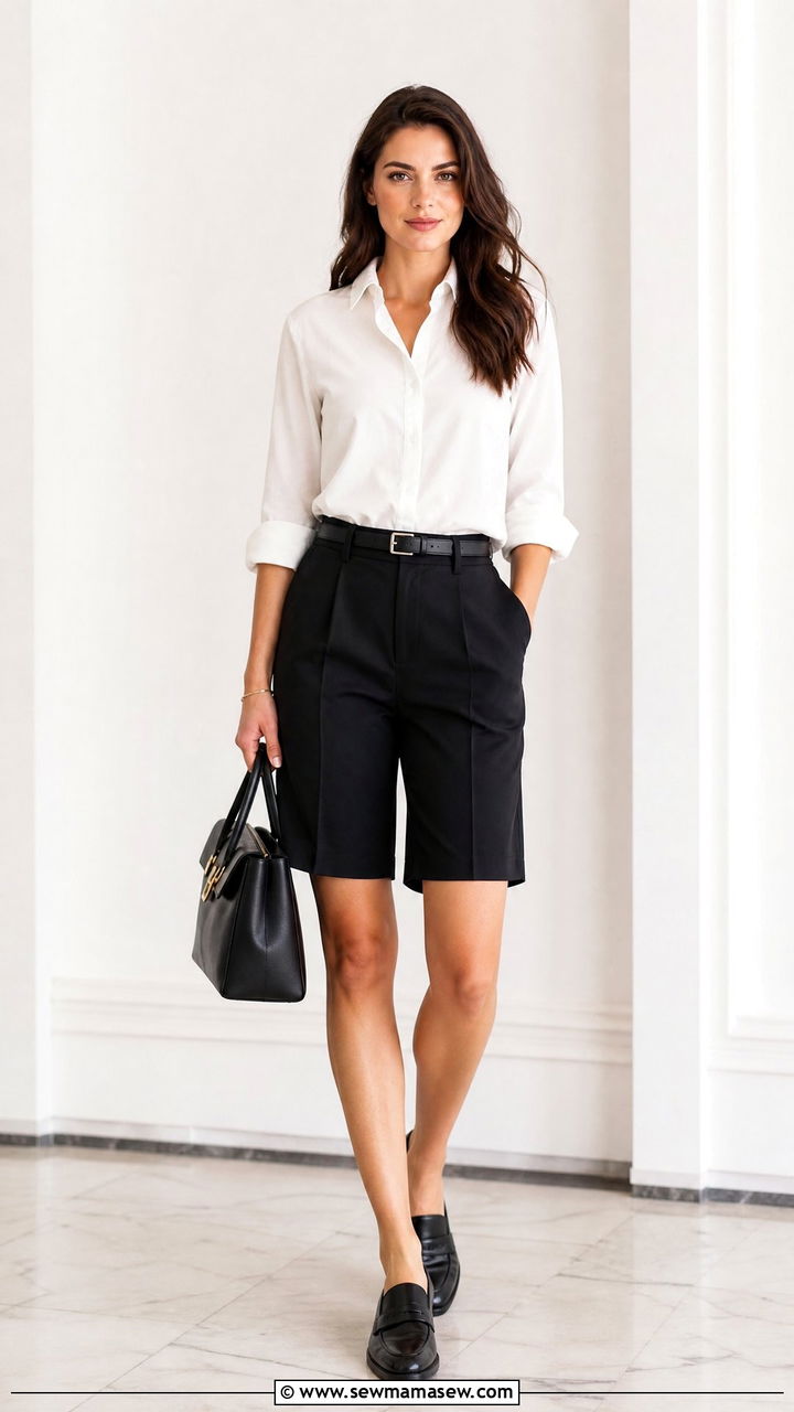 Black Bermuda Shorts With Button Down Shirt - 30 Summer outfits with bermuda shorts