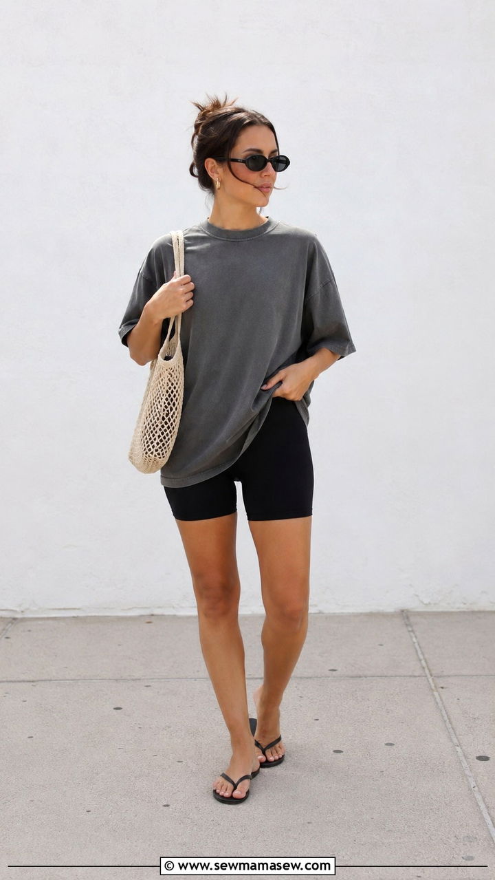 Black Biker Shorts and Oversized T Shirt Outfit - 20 Zoe Kravitz summer outfit ideas