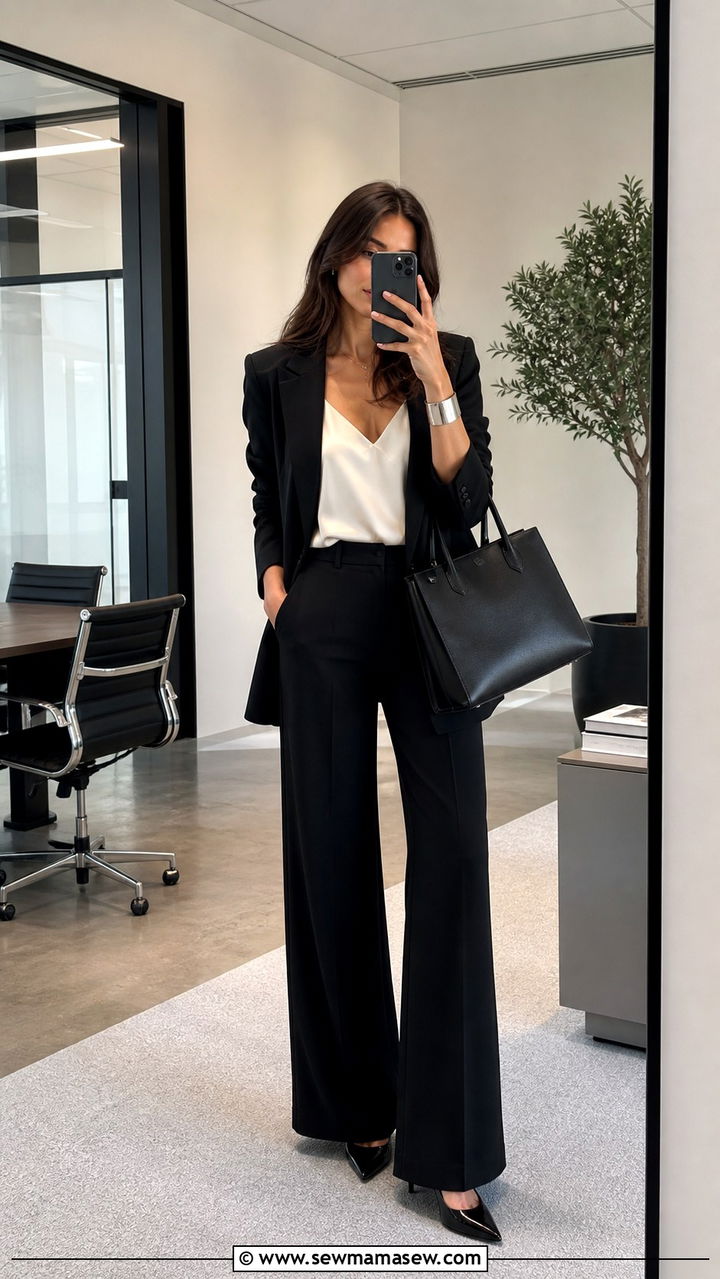 Black Blazer And Wide Leg Trousers Work Set - 40 matching set outfit ideas for women