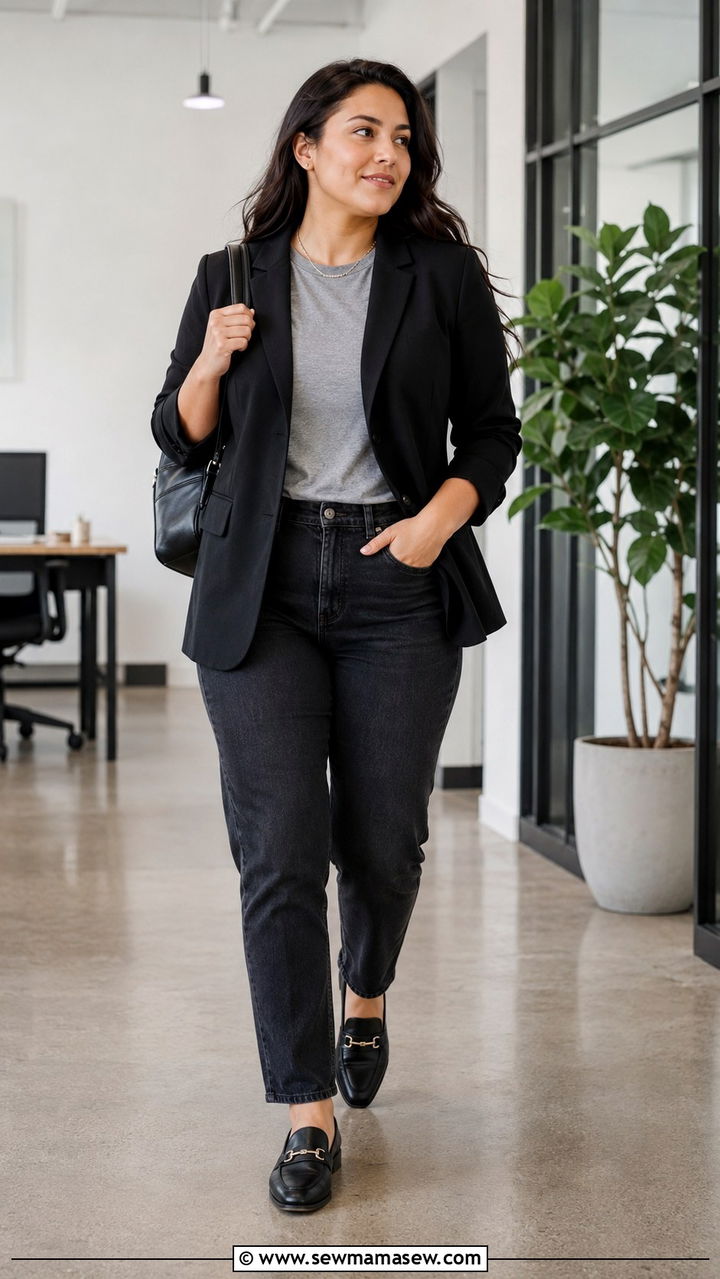 Black Blazer Grey Tee And Dark Jeans - 30 Minimalist outfits for curvy women