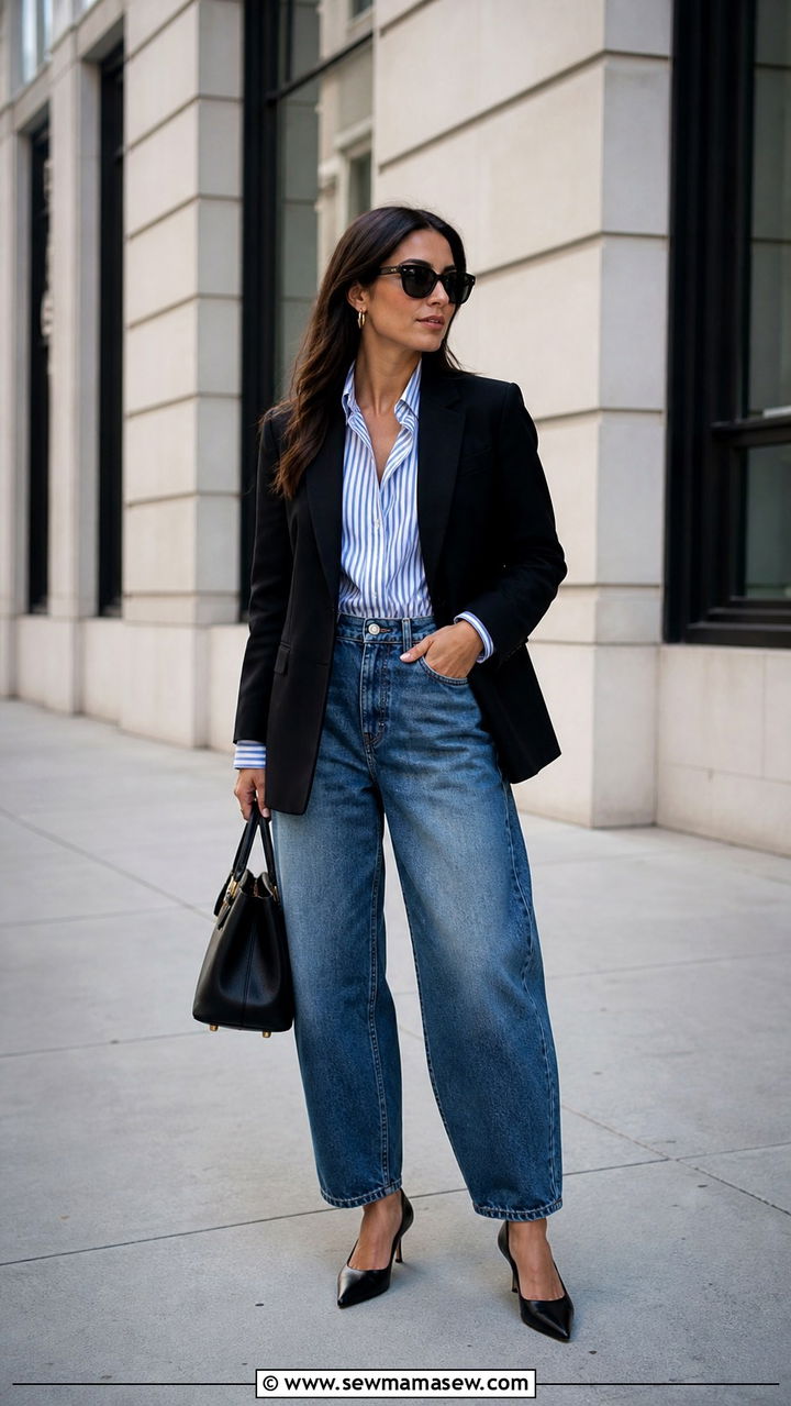 Black Blazer Over Striped Shirt And Barrel Jeans - 40 blazer outfit ideas for women