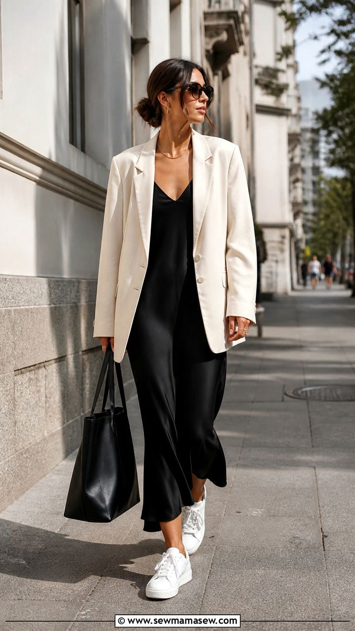 Black Blazer Over a Slip Dress - 40 Minimalist outfit ideas