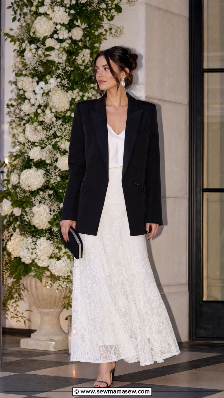 Black Blazer Over a White Lace Maxi Skirt - 25 cute modest classy outfits