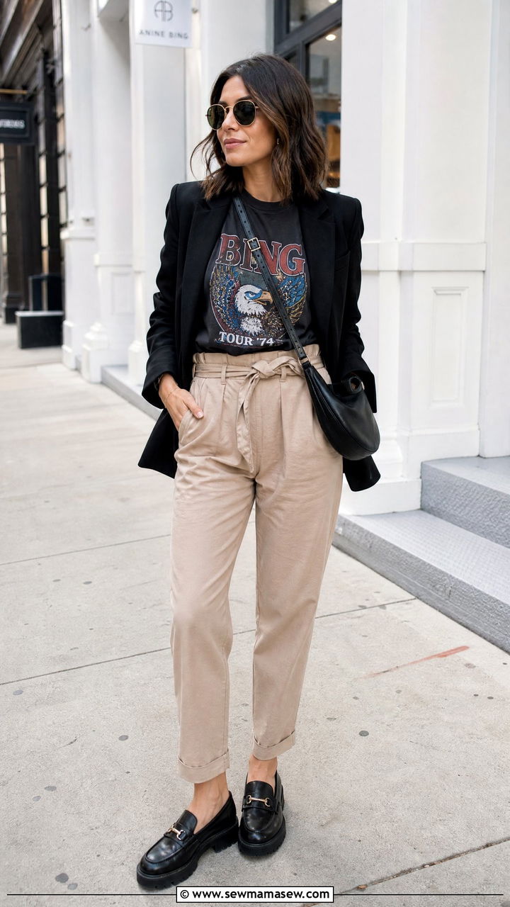 Black Blazer With A Graphic Tee And Paper Bag Waist Trousers - 30 Marketer outfit ideas