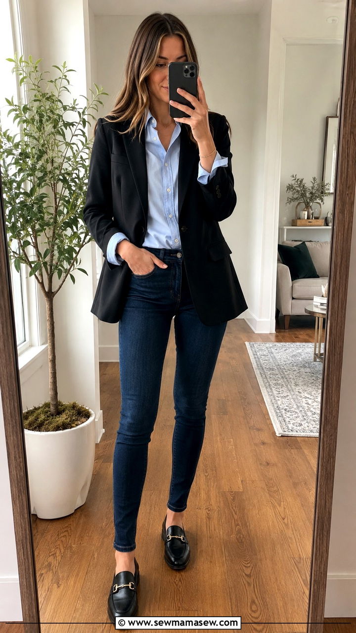 Black Blazer With Button Down Shirt And Tailored Jeans - 25 Old money outfit ideas with blazer