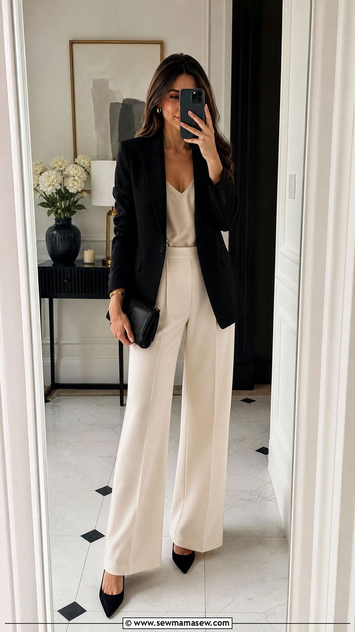 Black Blazer With Cream Wide Leg Trousers - 30 Cream and black outfit ideas