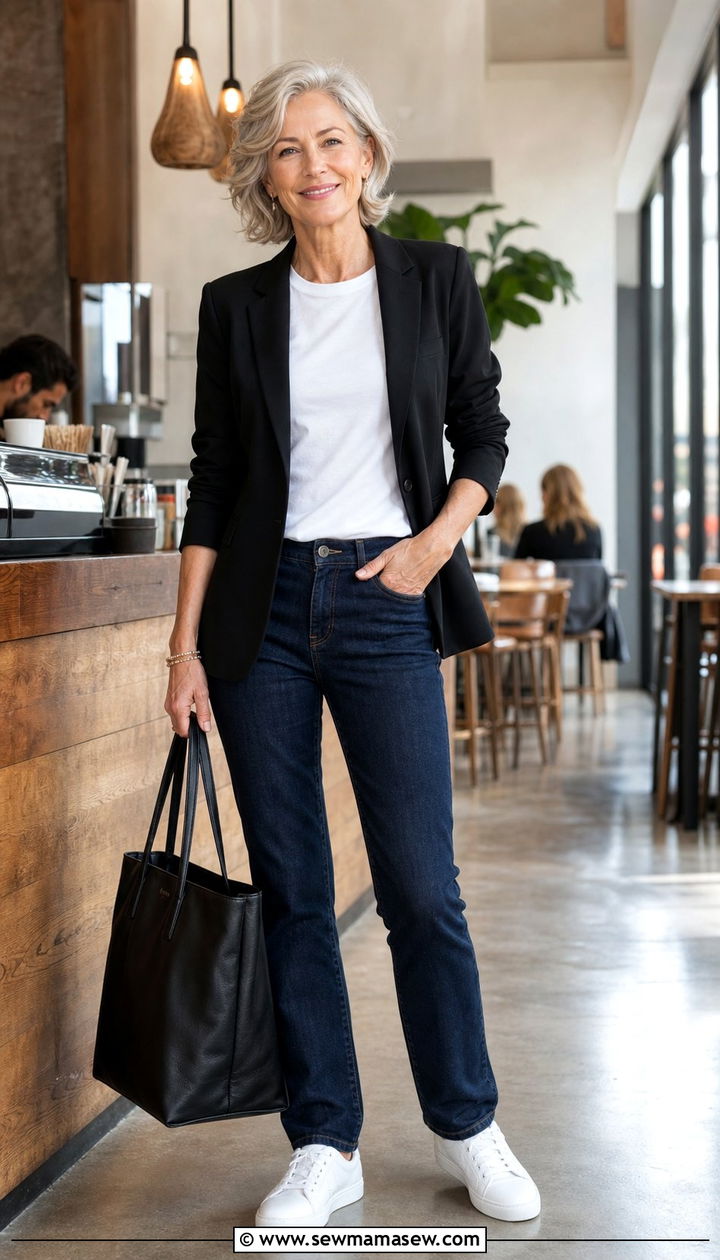 Black Blazer With Crisp White Tee and Dark Denim - 35 Business casual outfits for women over 60