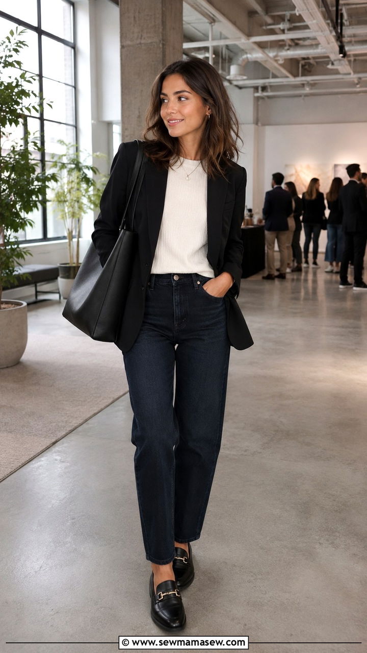Black Blazer With Dark Wash Jeans And Loafers - 30 HR conference outfit ideas