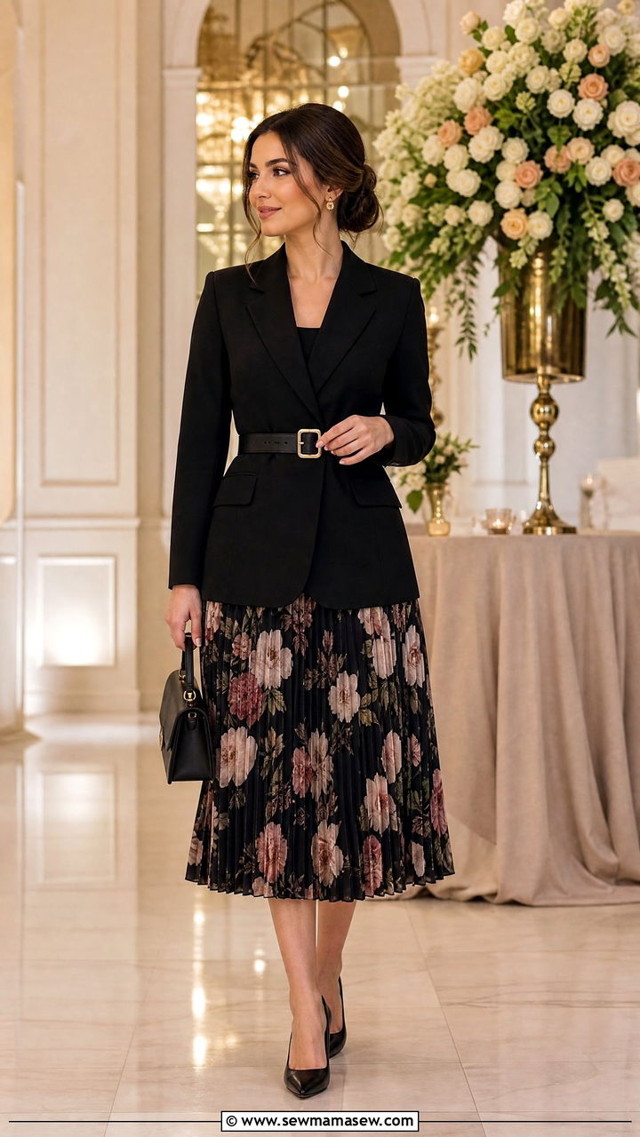 Black Blazer With Floral Pleated Skirt - 30 modest classy outfits for women