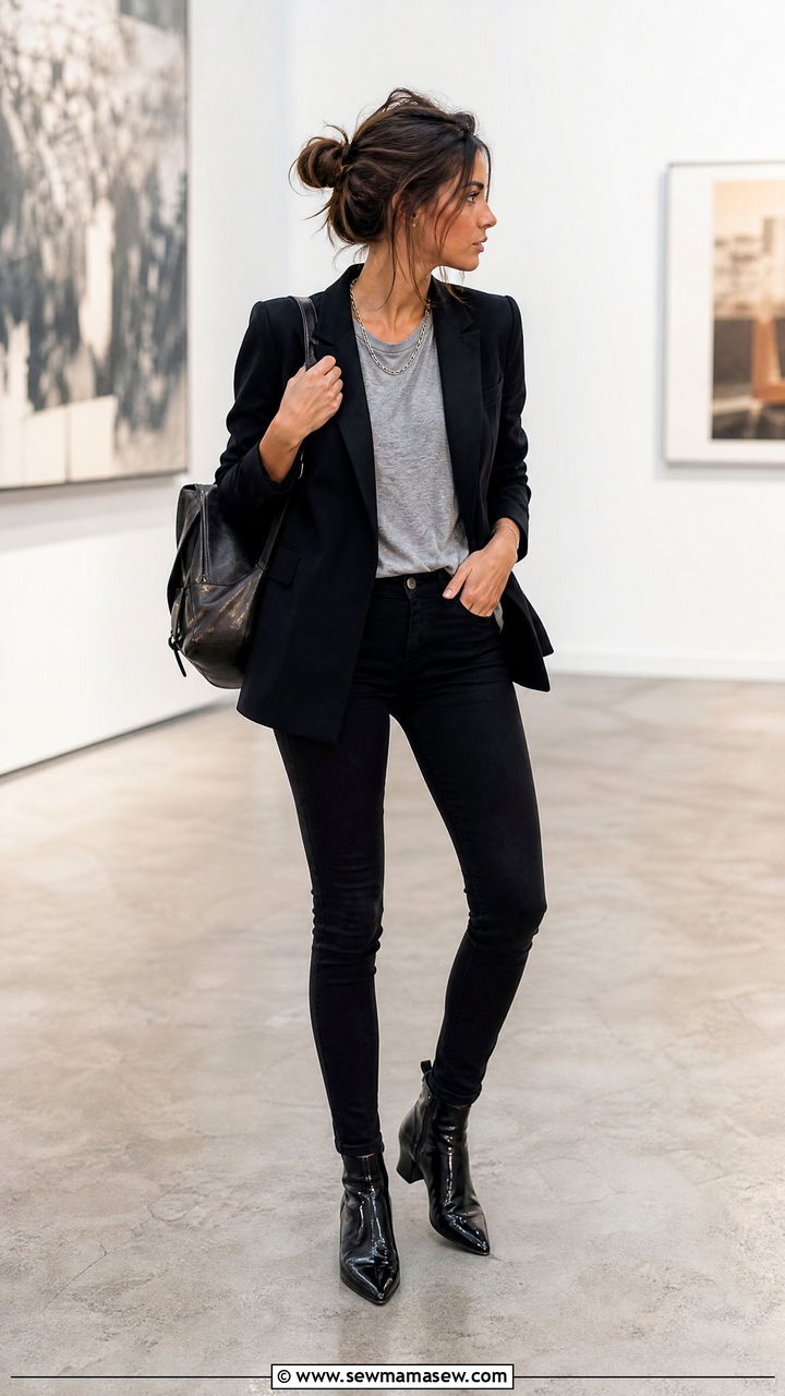 Black Blazer With Grey Marl Tee and Black Skinny Jeans Messy Bun - 25 French girl outfit ideas with messy bun