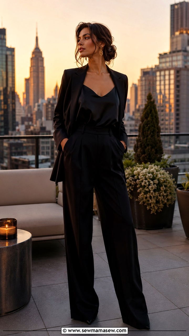 Black Blazer With Silk Camisole And Pleated Trousers - 30 Quiet luxury capsule wardrobe