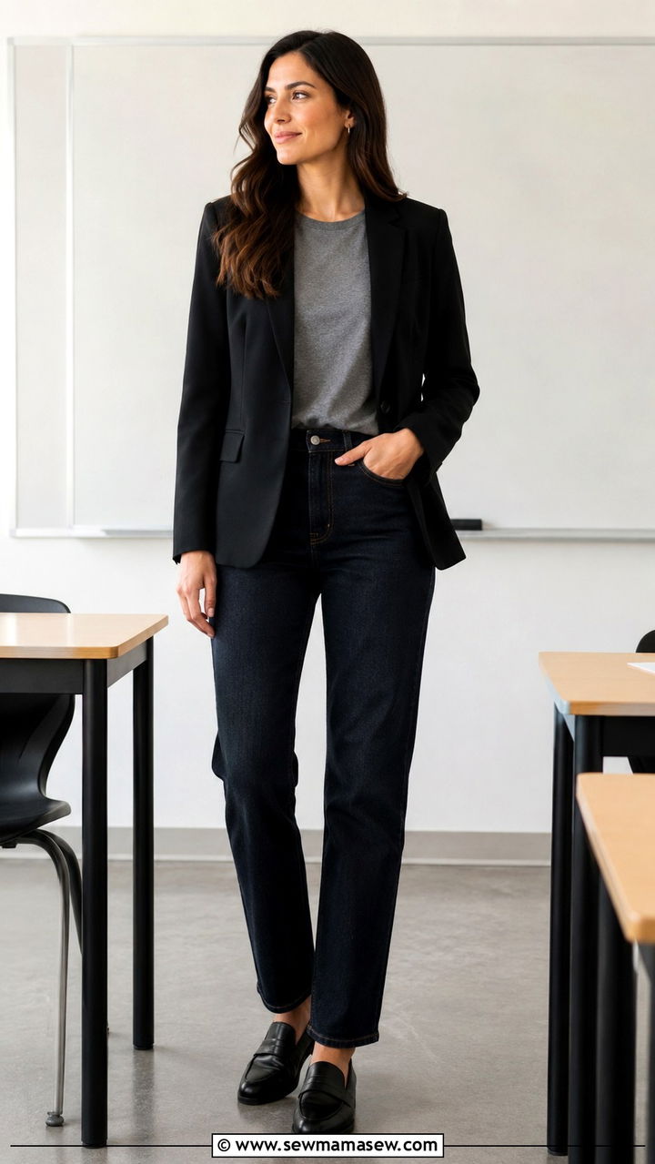 Black Blazer With Straight Leg Jeans - 30 transitional teacher outfit ideas