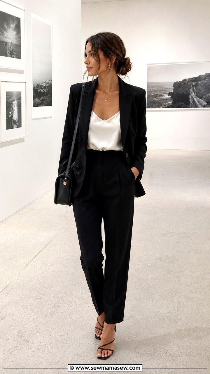 Black Blazer With Tailored Trousers and Heeled Sandals - 20 Photography exhibit outfit ideas