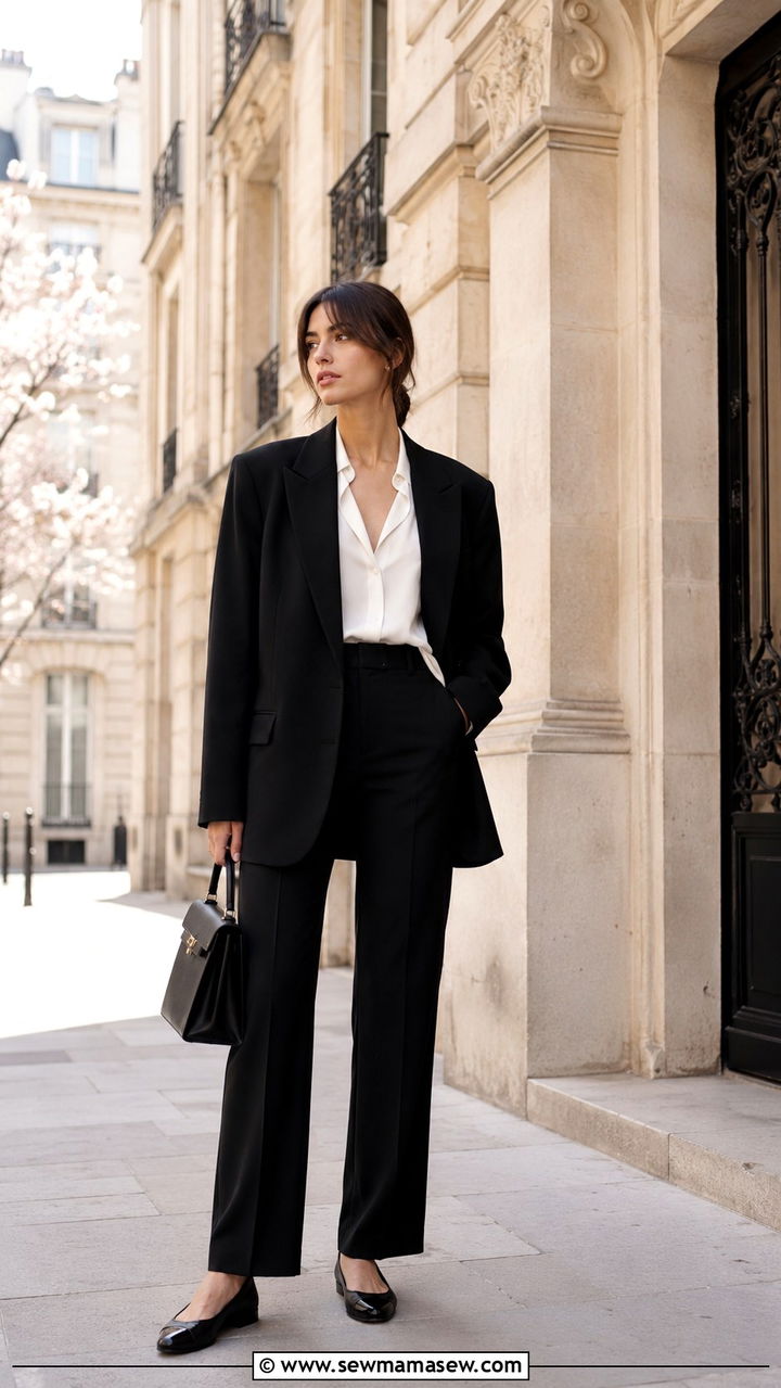 Black Blazer With Trousers and White Blouse - 30 Parisian spring outfits