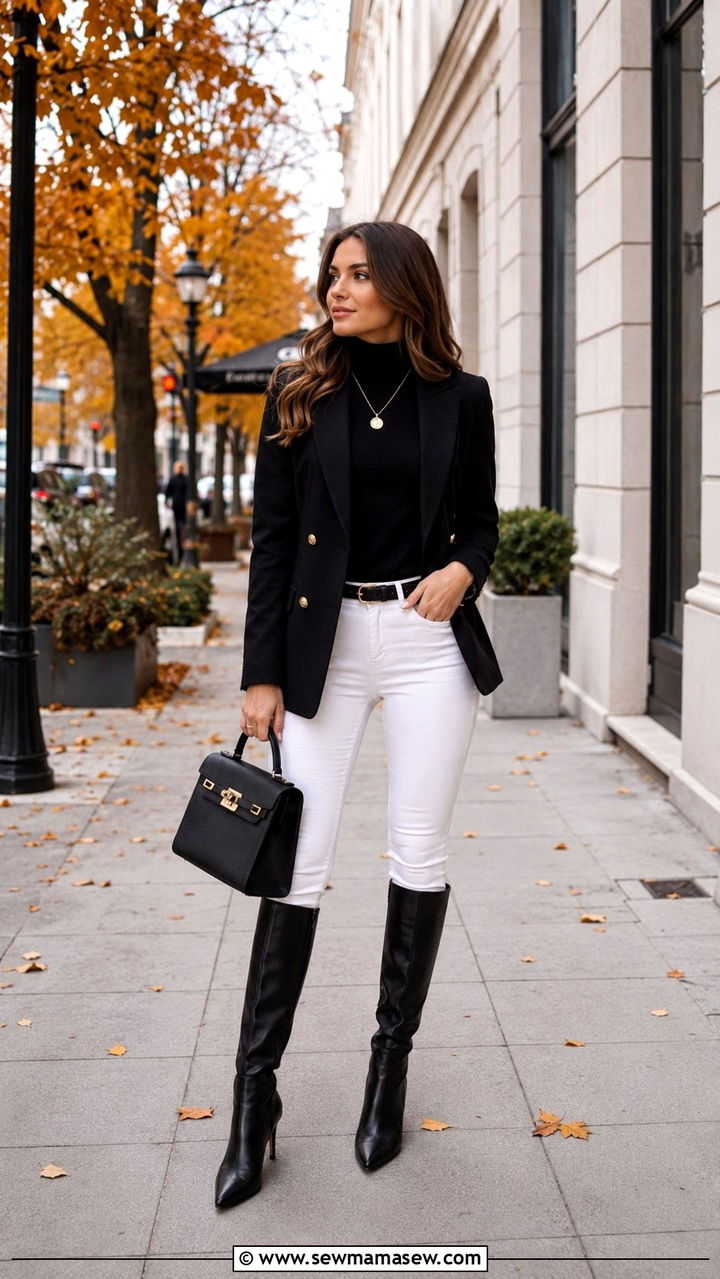 Black Blazer With Turtleneck And White Skinny Jeans - 25 Preppy outfit ideas 2026