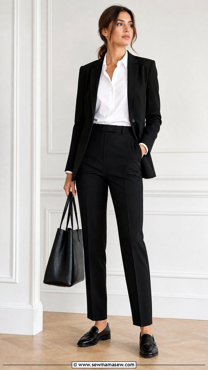 Black Blazer With White Button Down and Tailored Trousers - 35 Minimalist work outfits