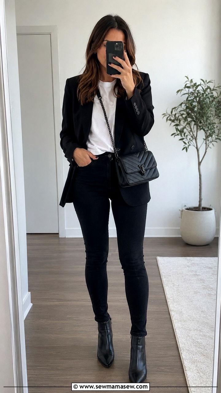 Black Blazer With White Tee And Black Skinny Jeans - 30 classy outfits aesthetic