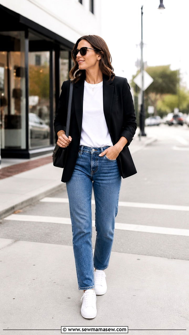 Black Blazer With White Tee And Blue Jeans - 40 casual blazer outfits