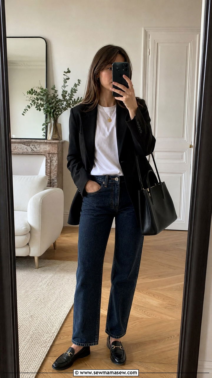 Black Blazer With White Tee And Dark Denim - 30 French girl outfit ideas for work