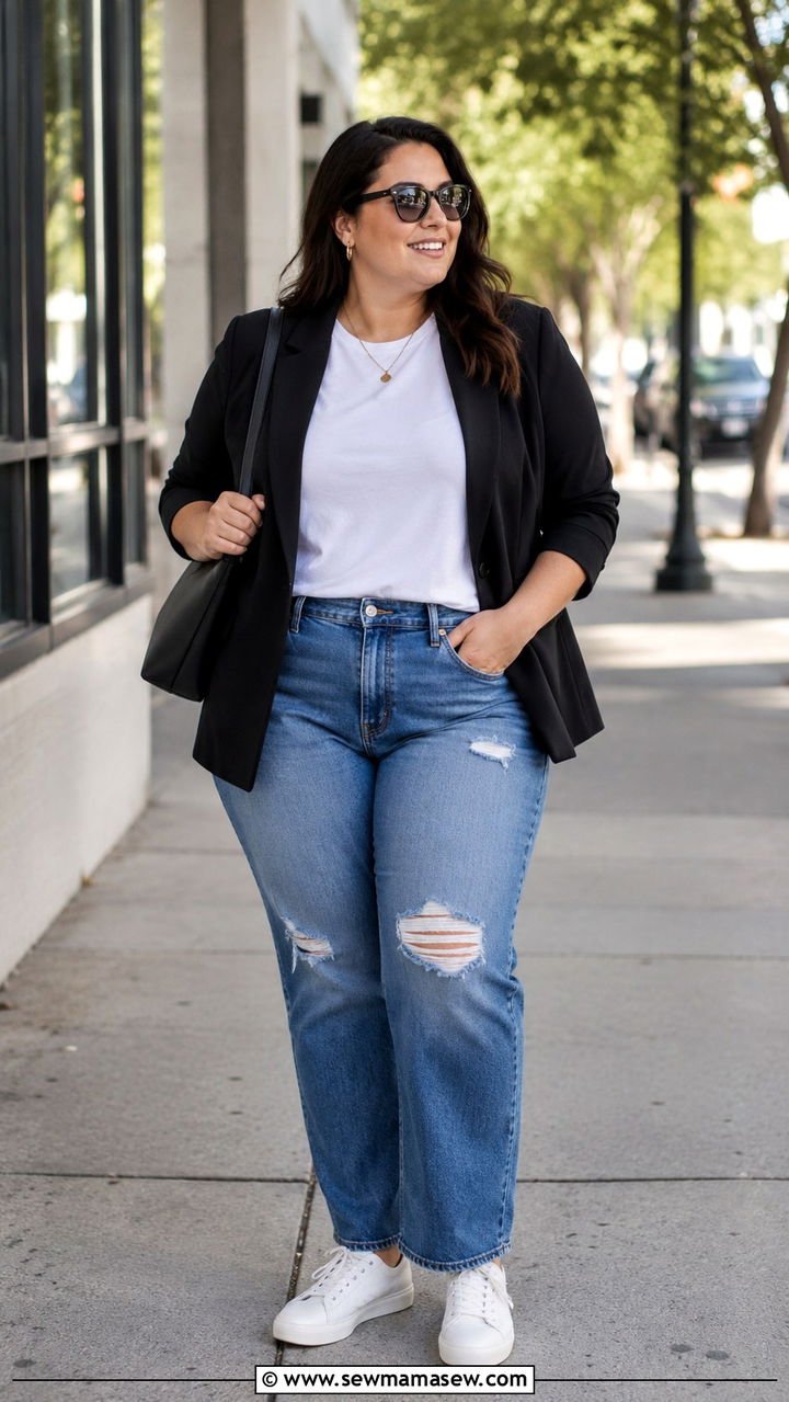 Black Blazer With White Tee And Distressed Jeans - 30 Plus size outfit ideas with blazer