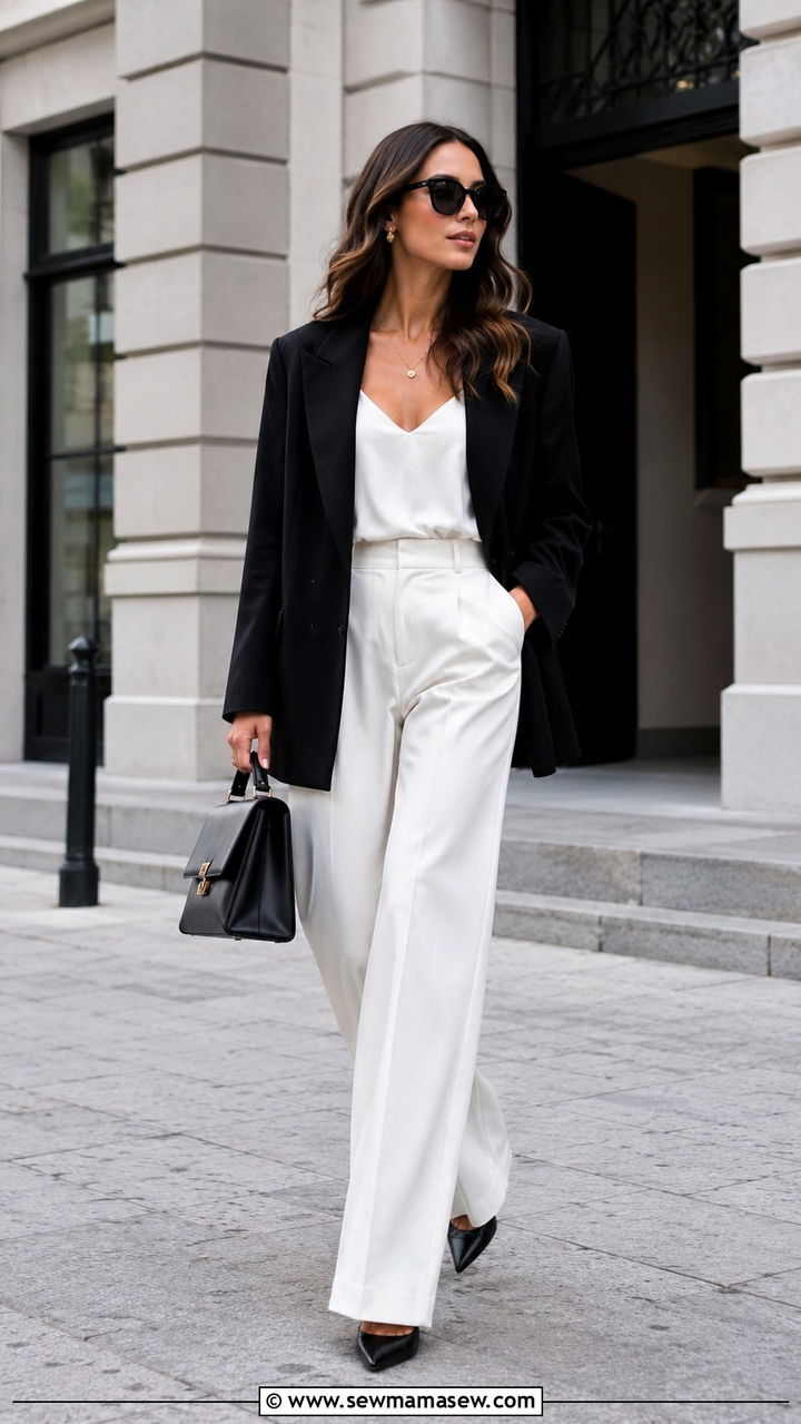 Black Blazer With White Wide Leg Trousers - 30 classy outfits ideas