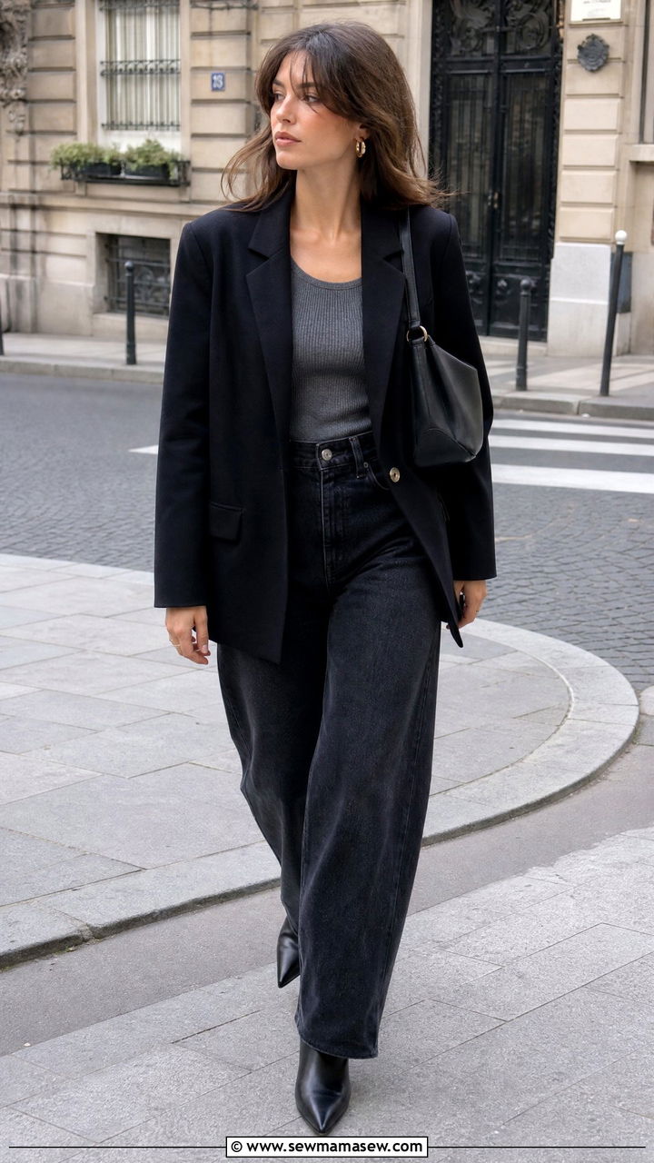 Black Blazer With Wide Leg Jeans - 25 French girl outfit ideas casual